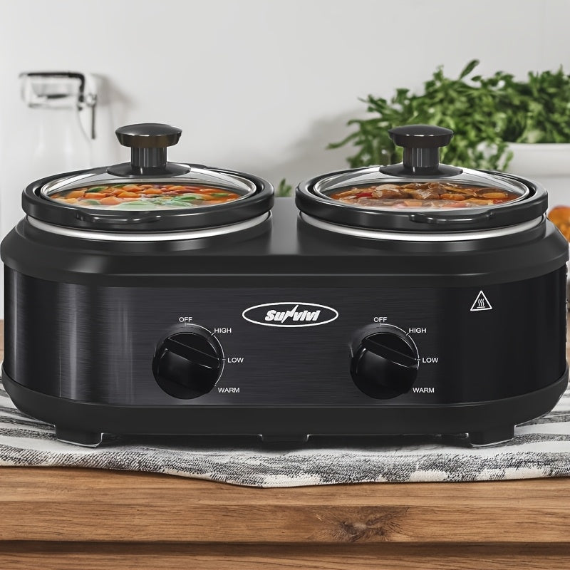 Dual Pot Slow Cooker by RoyalCraft with Two Listed 1.25QT Ceramic Pots, Adjustable Temperature Buffet Server and Warmer in Black, Silvery or Red for Home Hosting