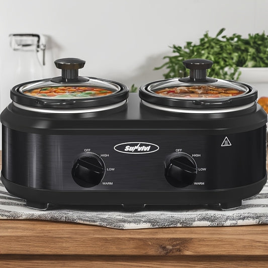 Dual Pot Slow Cooker by RoyalCraft with Two Listed 1.25QT Ceramic Pots, Adjustable Temperature Buffet Server and Warmer in Black, Silvery or Red for Home Hosting