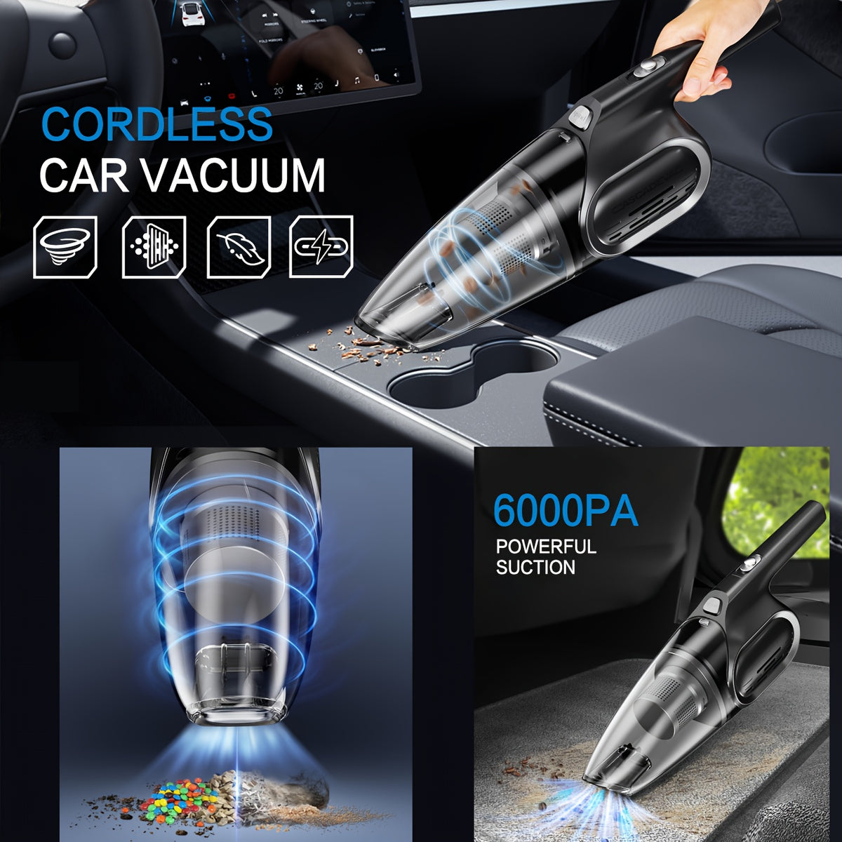 Mini Cordless Handheld Vacuum with 6000Pa Suction, Dual Filtration, One-Click Dust Cup Emptying and USB Charging, 2000mAh Battery for Home and Car Cleanup