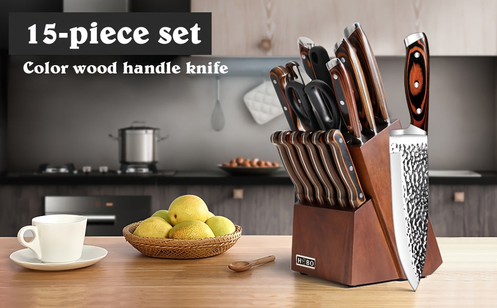 Hammered Kitchen Knife Set in Stainless Steel with Listed Wooden Handles, Storage Block and Sharpener for Home Cooking, 15-PCS or 20-PCS-Black Options