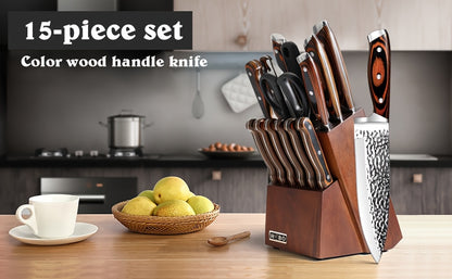 Hammered Kitchen Knife Set in Stainless Steel with Listed Wooden Handles, Storage Block and Sharpener for Home Cooking, 15-PCS or 20-PCS-Black Options