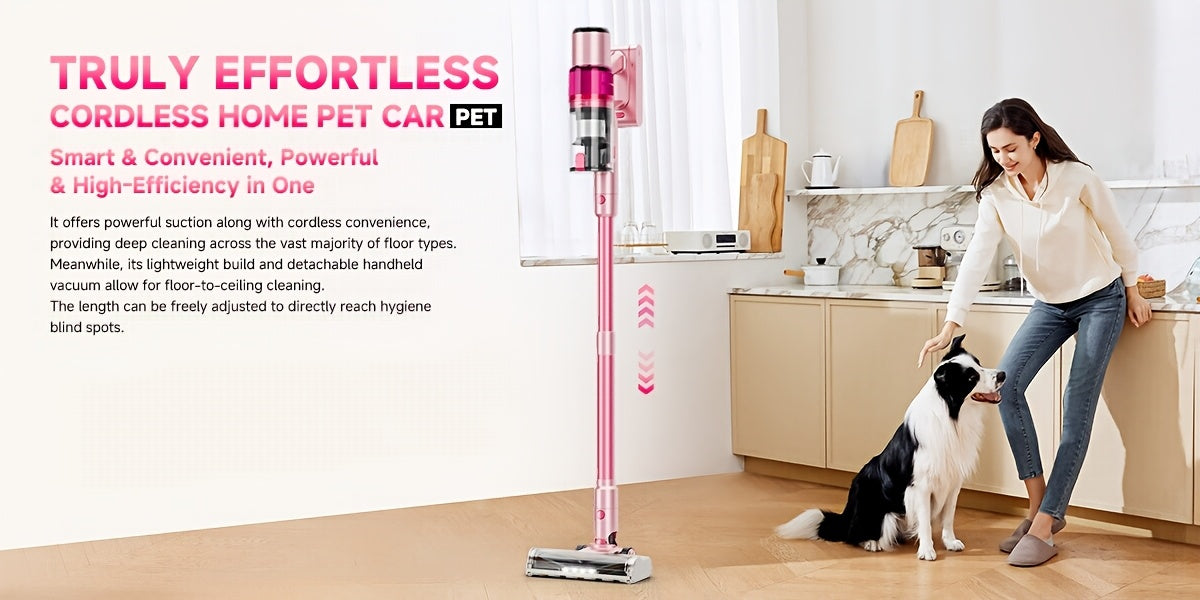 LED Display Cordless Vacuum Cleaner with Anti-Tangle Floor Brush and Detachable Rechargeable Battery for Carpet, Pet Hair, Tile and Hardwood Floors