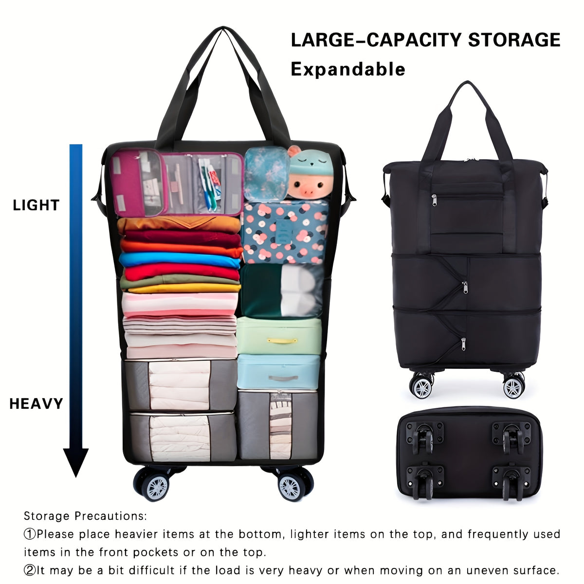 Expandable Travel Suitcase with Oxford Fabric, 3-Layer Foldable Design, Wheels and Fixed Shoulder Strap for Business Trips, Vacations and Packing
