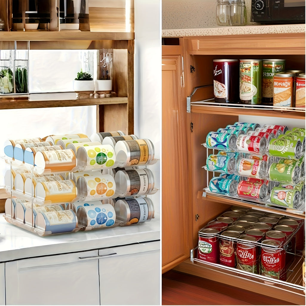 Three-Tier Can Organizer Rack, Clear Plastic Stackable Rolling Storage for Soda and Canned Foods, 3 Layers-3 Sets Option with Listed 36-Can Capacity Reference