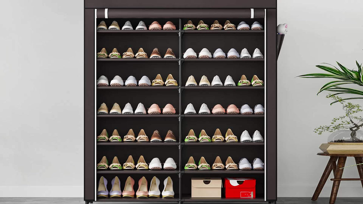 Covered 7-Tier Shoe Rack, Double-Row Non-Woven Shoe Storage Cabinet with Listed 42-Pair Capacity in Coffee or Black for Closet and Apartment Organization