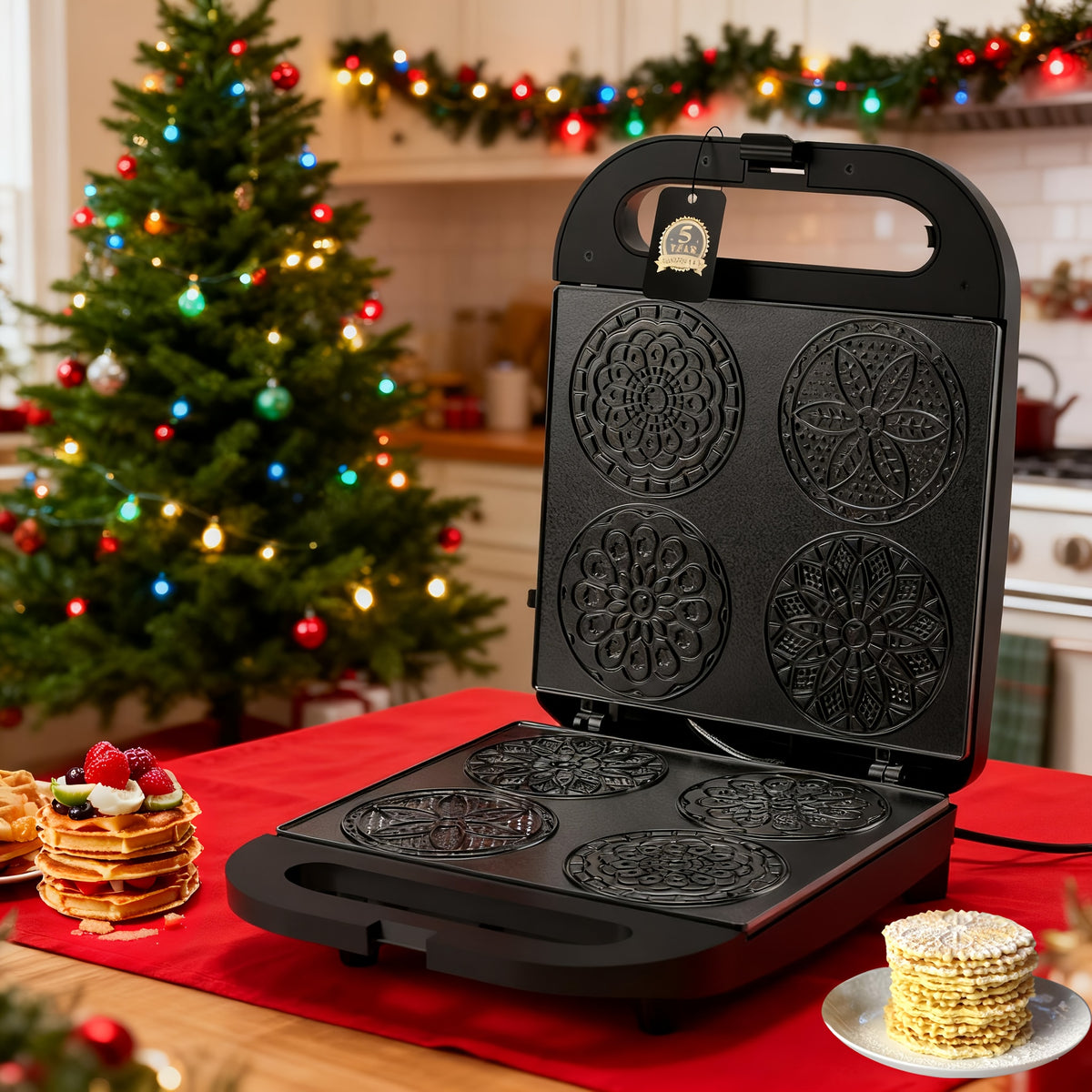 Pizzelle Maker Electric Cookie Baker with Listed Nonstick Surface and Two Capacity Label Options for Homemade Breakfast Treats, Snacks and Dessert Preparation
