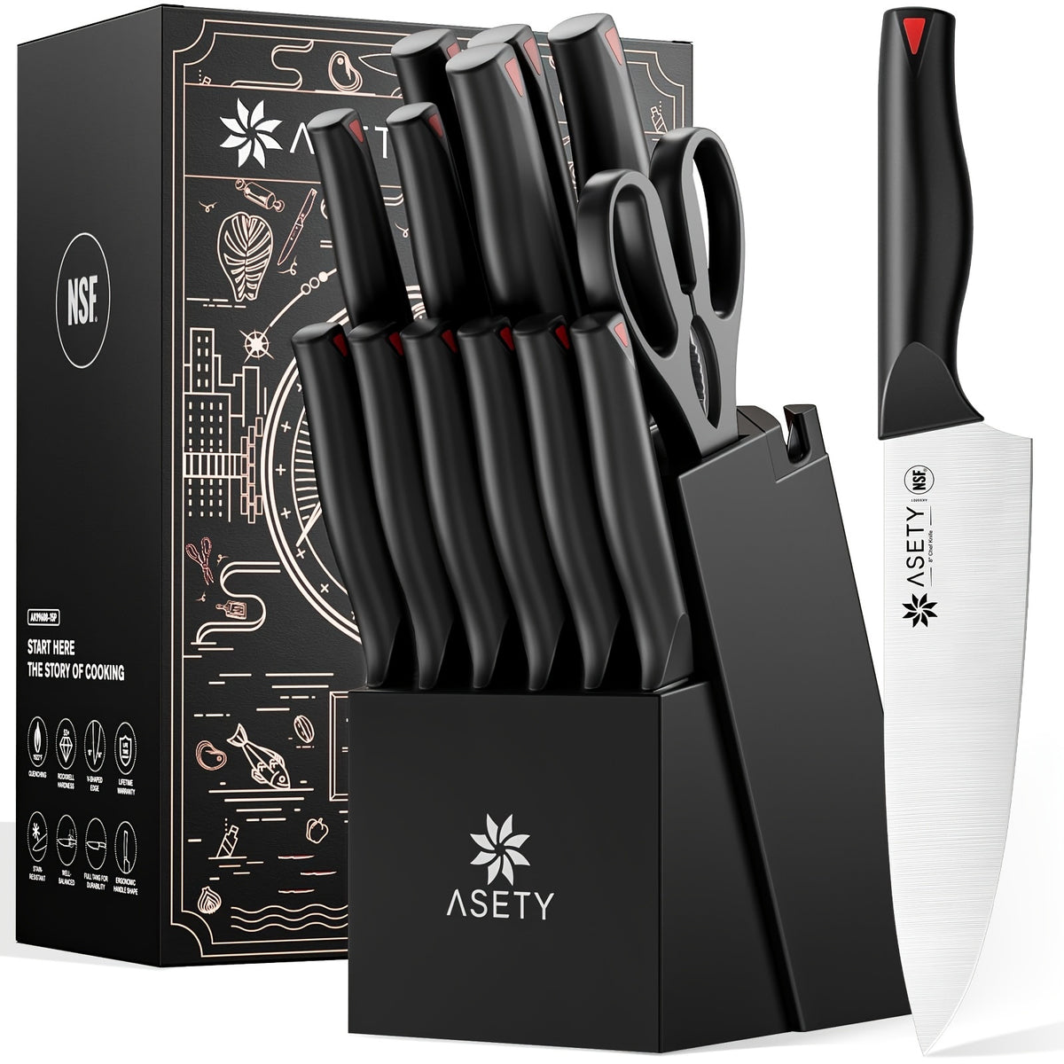Asety Kitchen Knife Set with PP Handles, 15-Piece Cutlery Selection in Standard or Black Spray Paint Models for Everyday Home Cooking and Ingredient Preparation