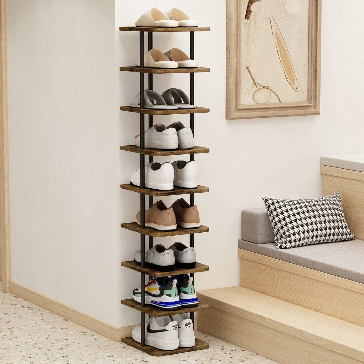 9-Tier Vertical Shoe Tower in Black with Narrow Freestanding Design and Removable-Layer Reference for Footwear Storage in Closets, Entryways and Bedrooms