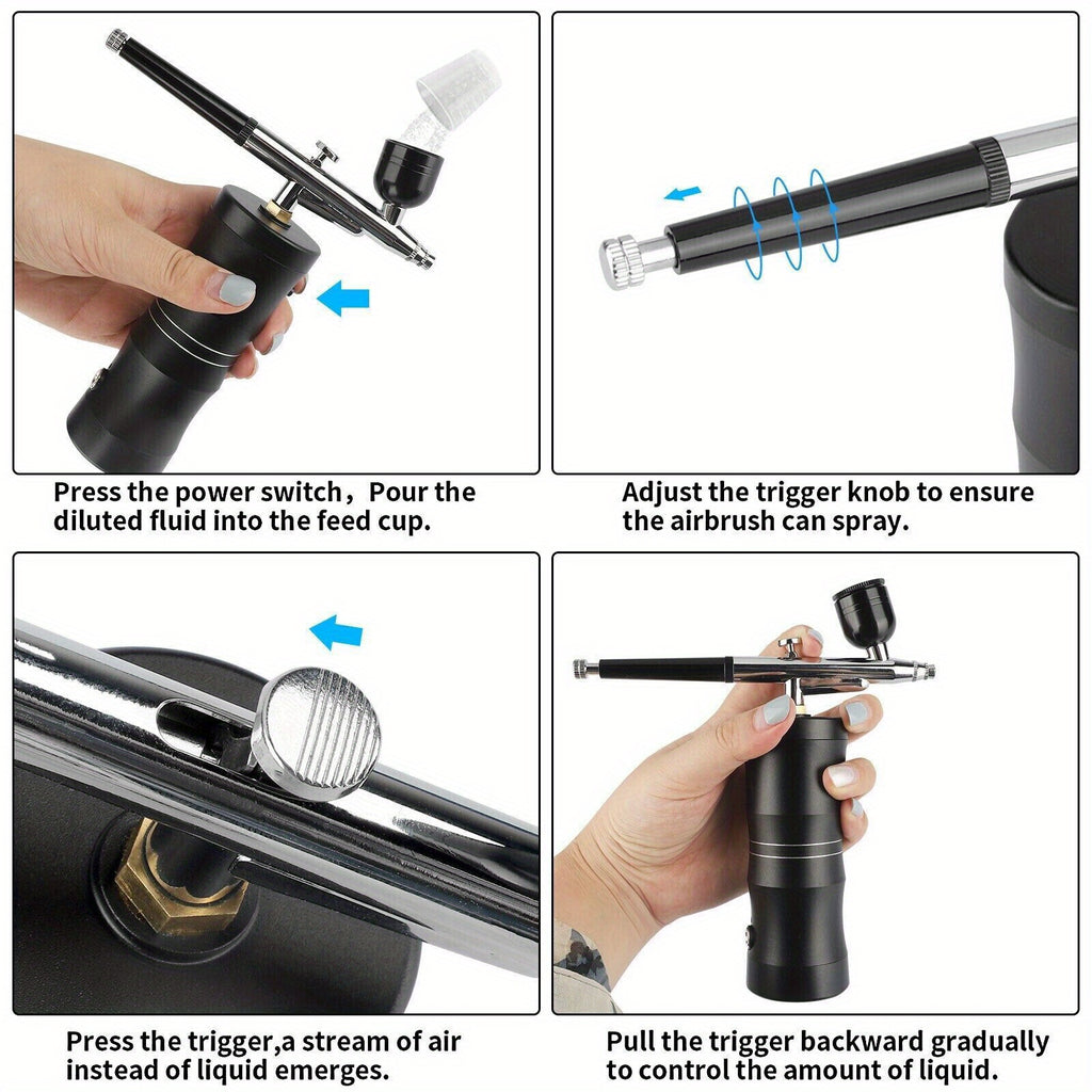 Portable Airbrush Kit with Mini Compressor, Black Aluminum Alloy Air Brush with Nozzle and Cleaning Brush Set for Art, Models and Nail Designs