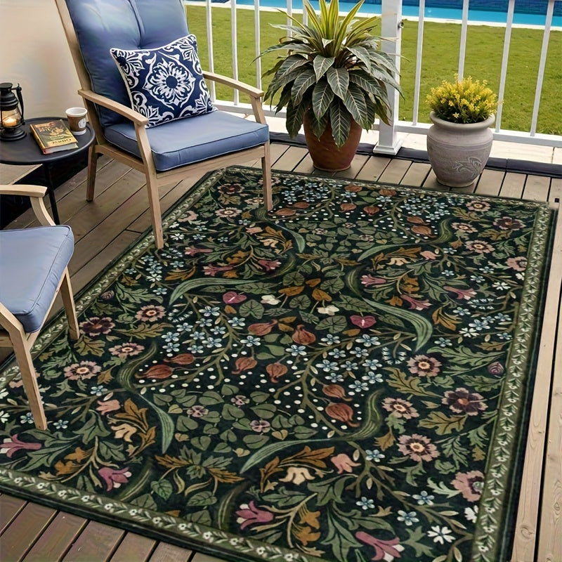 Bohemian Floral Floor Mat with Listed Golden Diamond Pattern and Soft Polyester Material, Three Size Options for Patio, RV, Camping and Indoor Decor Planning