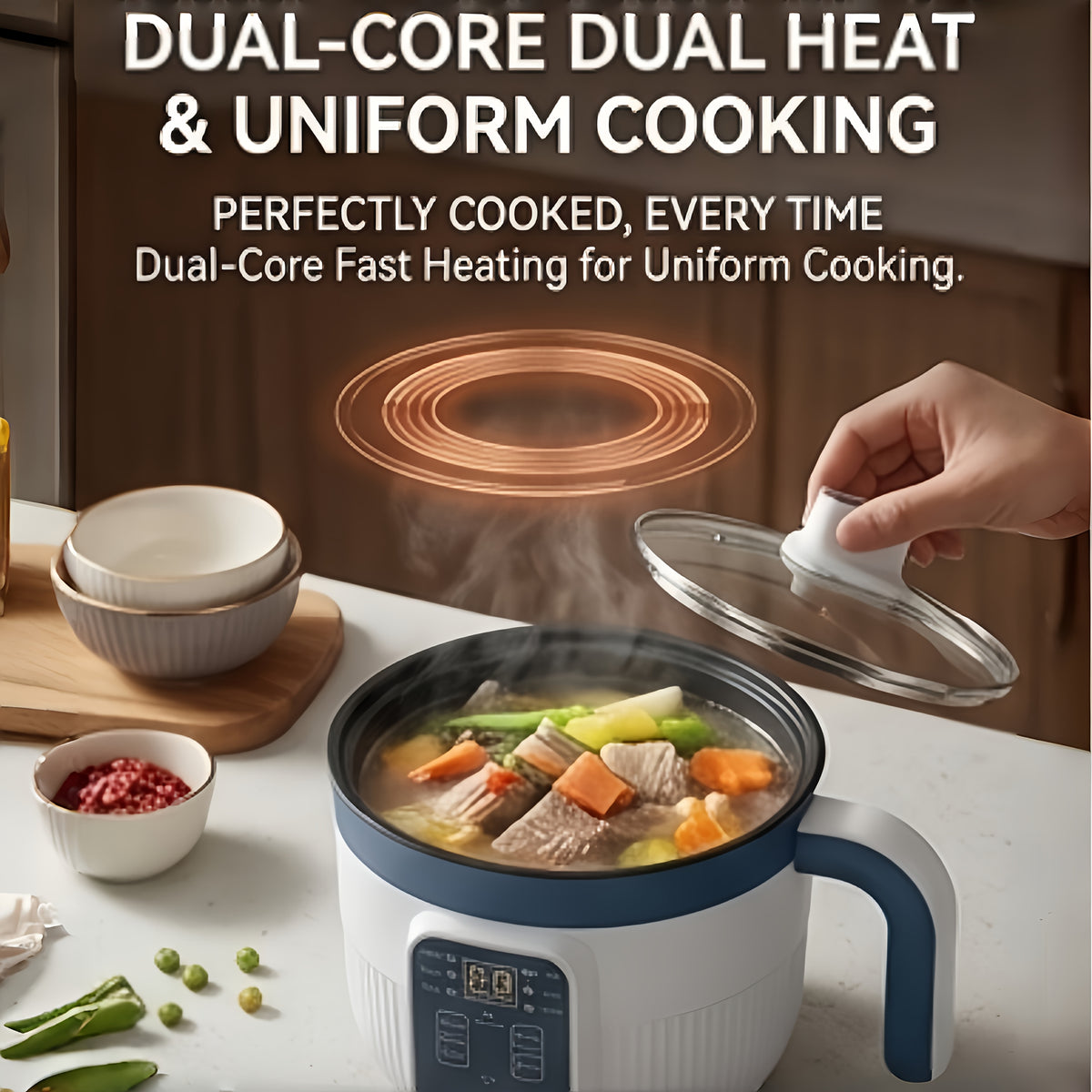 Mini Electric Cooking Pot with Listed Six Modes, White Single- or Double-Layer Options for Steaming, Rice, Soup and Pasta in Small Household Kitchens