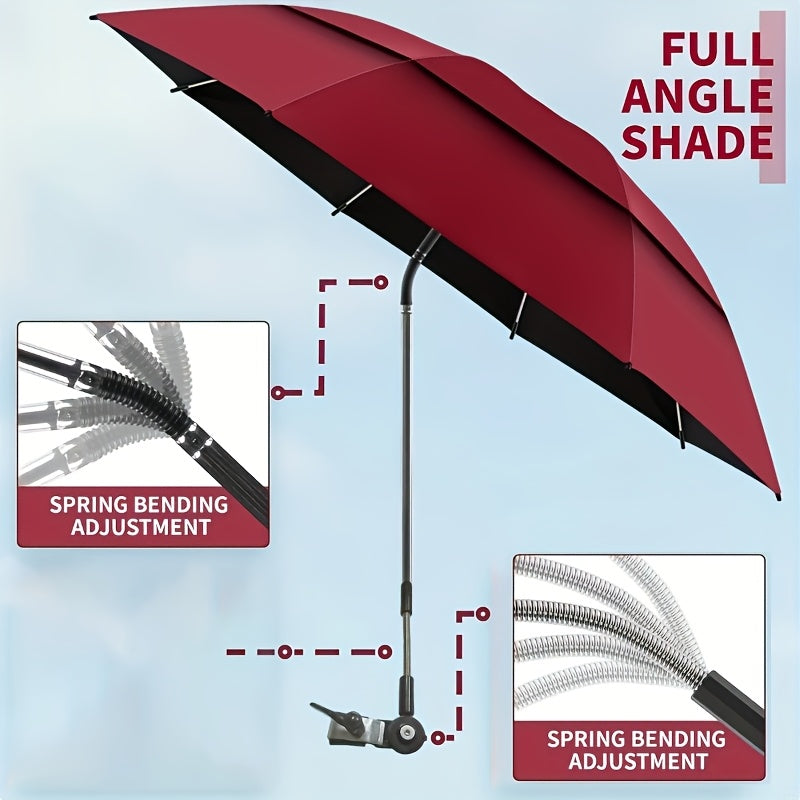Clip-On Beach Parasol with Double Ventilated Top, Listed 360-Degree Angle Adjustment and Iron Frame in Navy Blue, Blue or Red for Camping and Fishing