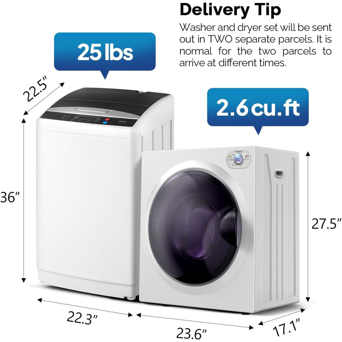 Washer and Dryer Combo, Compact Wash & Dry Laundry Set, Stainless Steel Tub, Smart Control, Low Noise, Wall-Mountable, for Apartment, Dorm, RV & Small Space