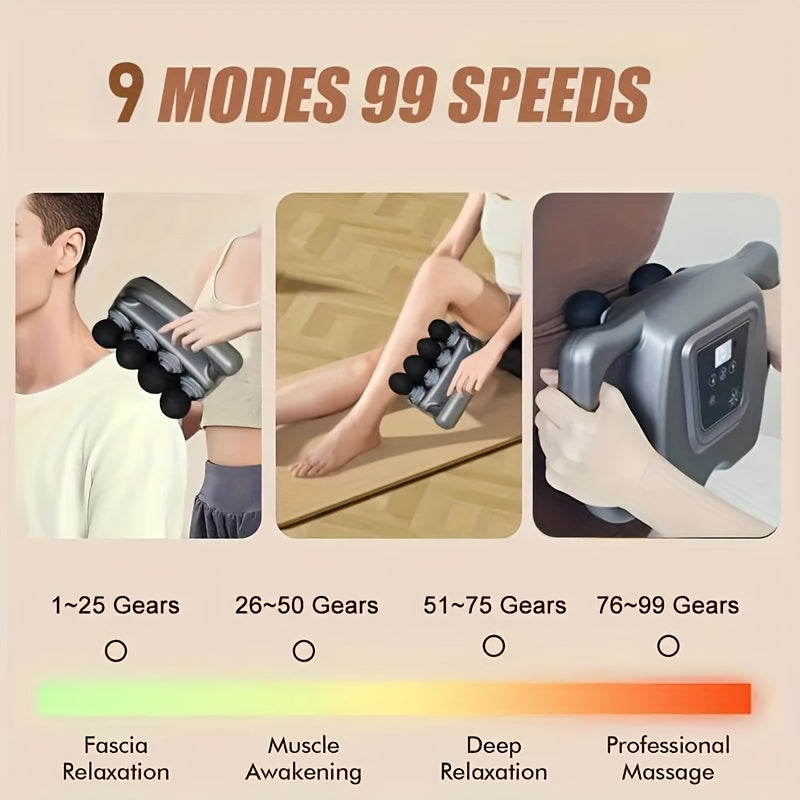 16-Drive Muscle Massager with Listed Multi-Head Design, Nine Massage Modes and 99 Intensity Settings, 25W ABS Personal-Care Device with Charging Cable and Manual