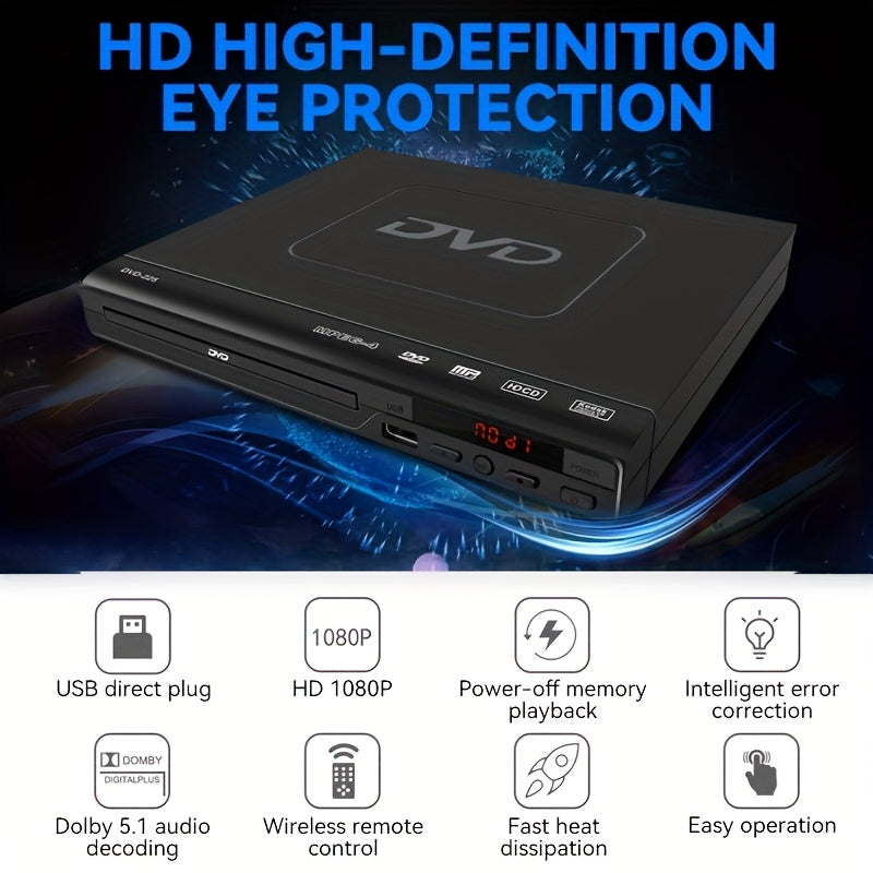 AV Output DVD Player for TV in Black with USB 2.0 Media Playback, Remote Control, Resume Function, CD-R and CD-RW Support and Included Three-in-One AV Cable