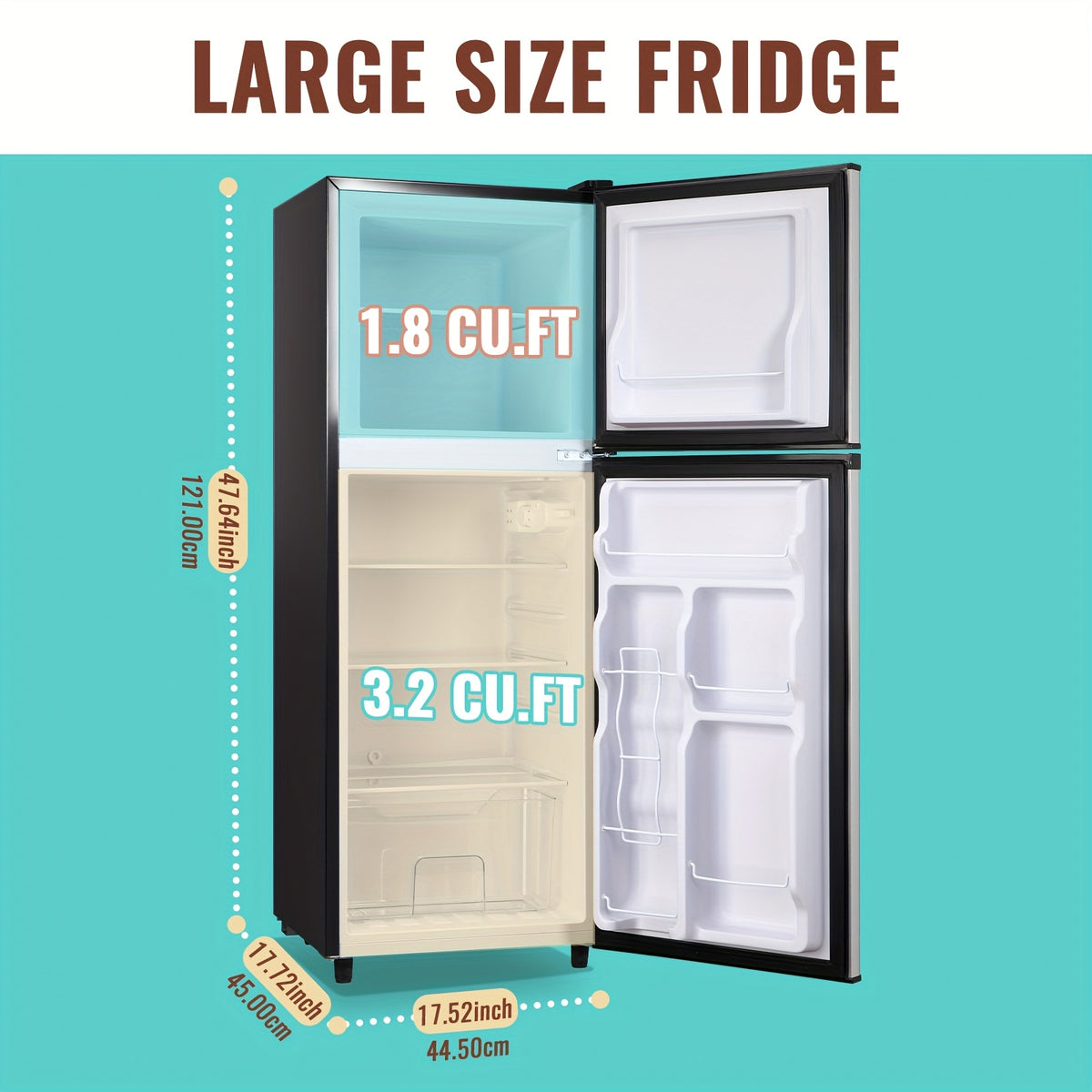 Compact Fridge Freezer by WANAI, Double-Door 3.5 or 4.5 Cu Ft Options with Seven-Level Thermostat, Removable Shelves and Listed LED Light for Apartment and Office