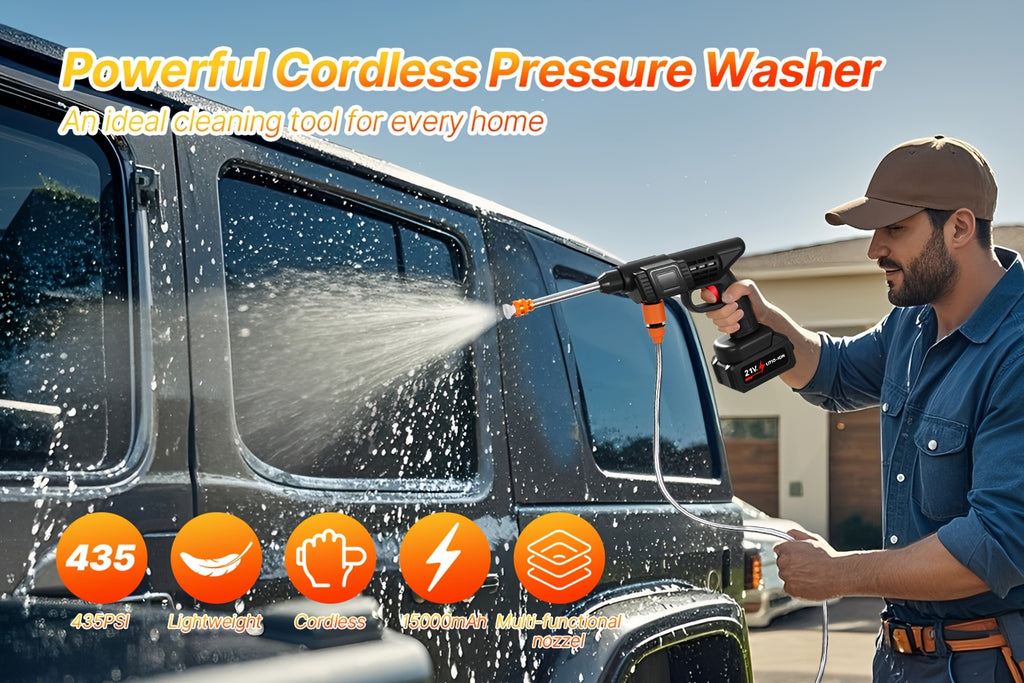 Six-in-One Nozzle Car Washer by LOVEWE, Cordless Rechargeable Cleaning Tool with Listed 300W and 1.3GPM, One or Two Battery and Upgrade Options for Yard Tasks