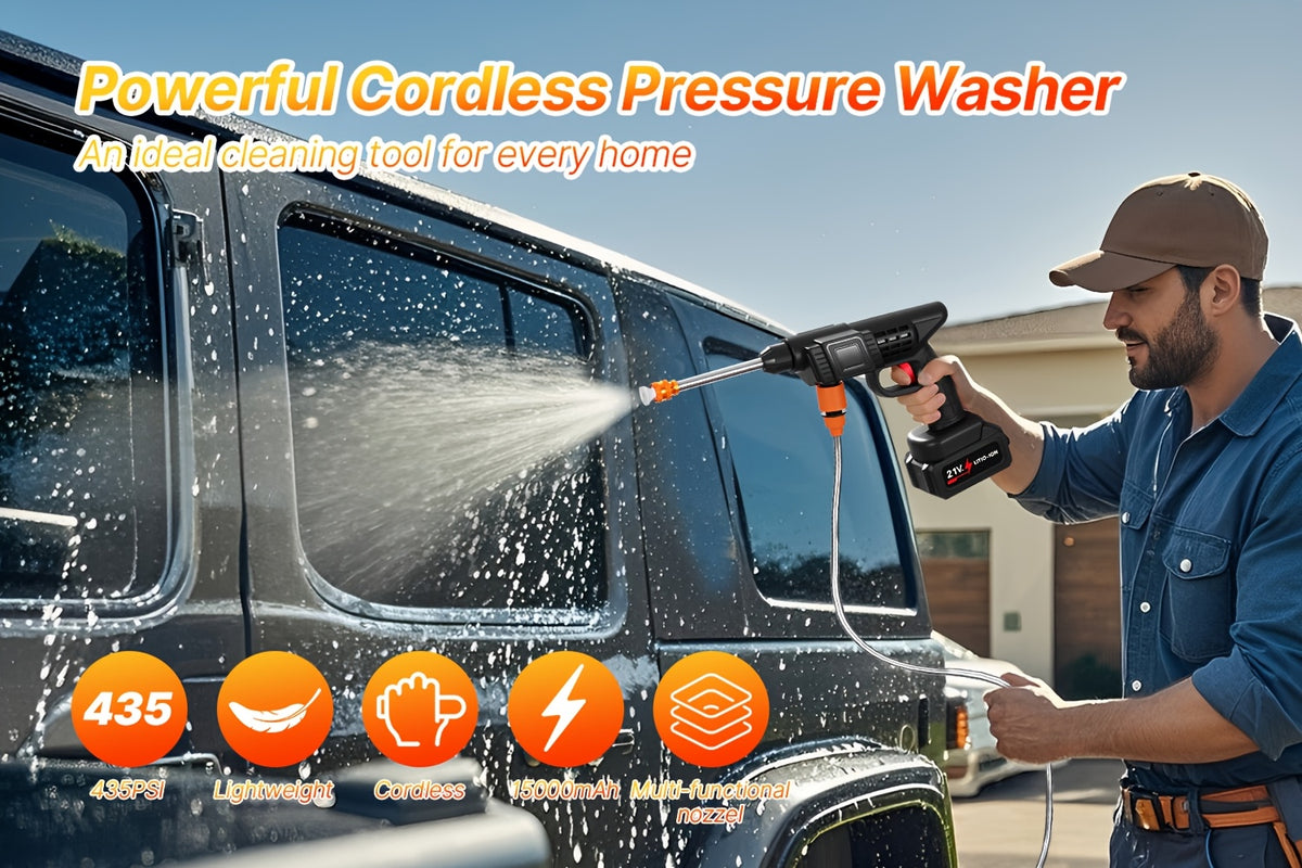Six-in-One Nozzle Car Washer by LOVEWE, Cordless Rechargeable Cleaning Tool with Listed 300W and 1.3GPM, One or Two Battery and Upgrade Options for Yard Tasks