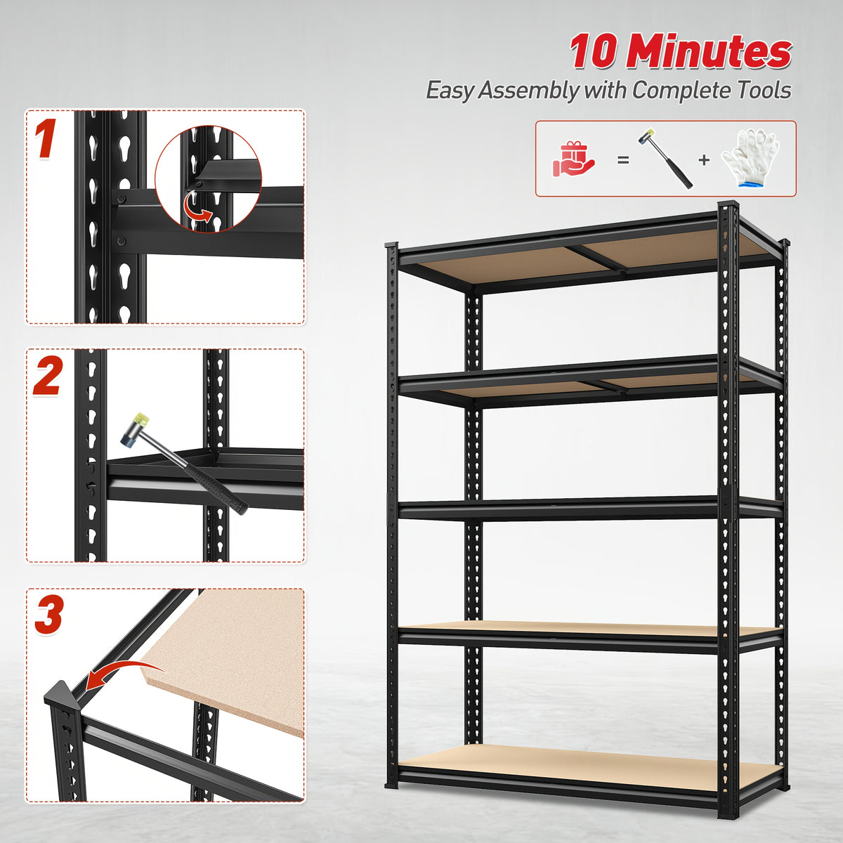 Five-Tier Garage Storage Shelving with Adjustable Shelf Heights, Listed 72-Inch Metal-Frame Rack in Black or Galvanized Options for Pantry and Basement Organization
