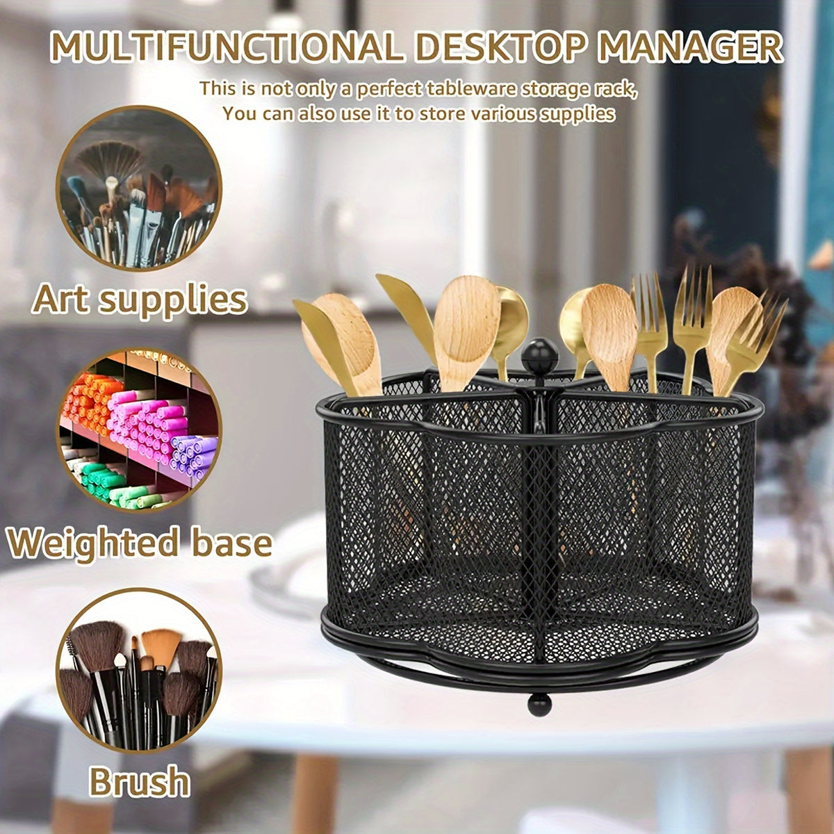 Rotating Metal Utensil Caddy, Five-Compartment Flower-Shaped Mesh Cutlery Organizer with 360-Degree Rotation and Weighted Base for Kitchen Counters and Buffets