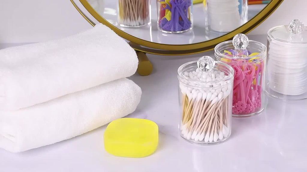 Transparent Swab Storage Holder, Clear Bathroom Canister for Makeup Swabs and Compatible Small Vanity Supplies with Toothpick Storage Reference for Home Organization