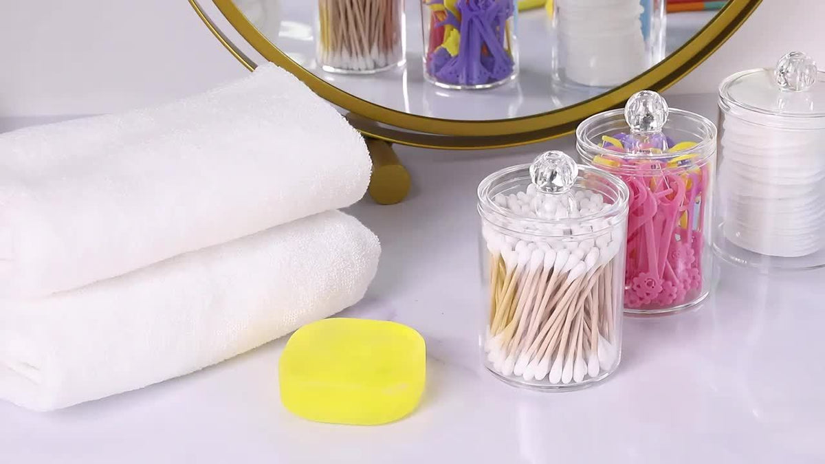 Transparent Swab Storage Holder, Clear Bathroom Canister for Makeup Swabs and Compatible Small Vanity Supplies with Toothpick Storage Reference for Home Organization