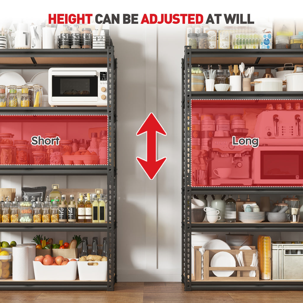 Five-Tier Garage Storage Shelving with Adjustable Shelf Heights, Listed 72-Inch Metal-Frame Rack in Black or Galvanized Options for Pantry and Basement Organization