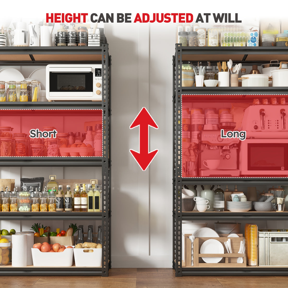 Five-Tier Garage Storage Shelving with Adjustable Shelf Heights, Listed 72-Inch Metal-Frame Rack in Black or Galvanized Options for Pantry and Basement Organization