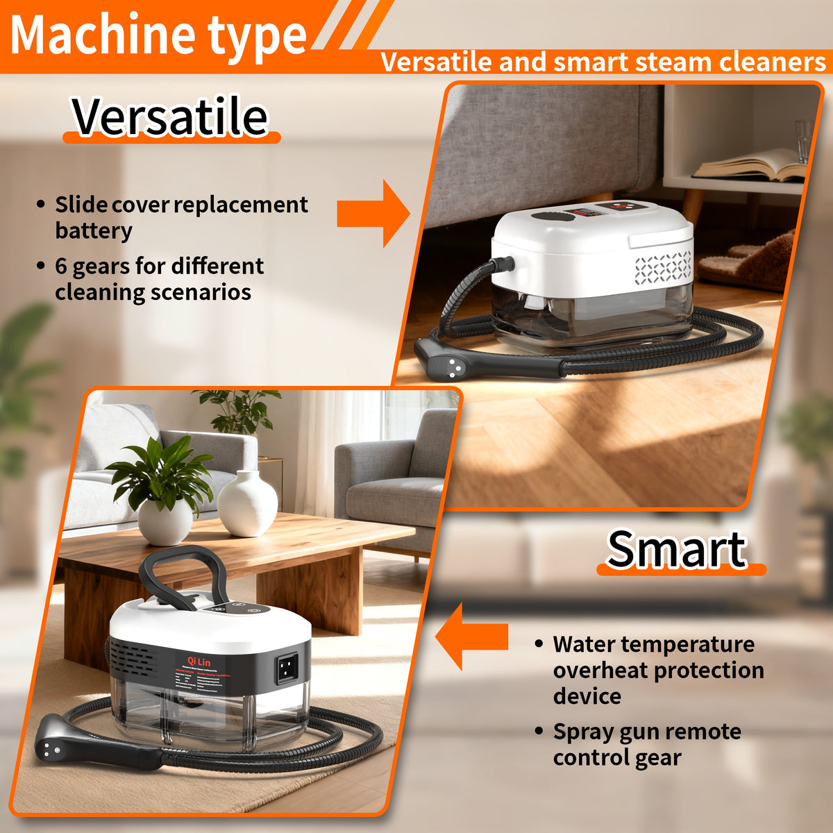 Pressurized Steam Cleaner for Kitchen and Bathroom, Handheld Cleaning Machine with Listed 105°C Steam, Three-Brush and Glass Scraper Kit Options