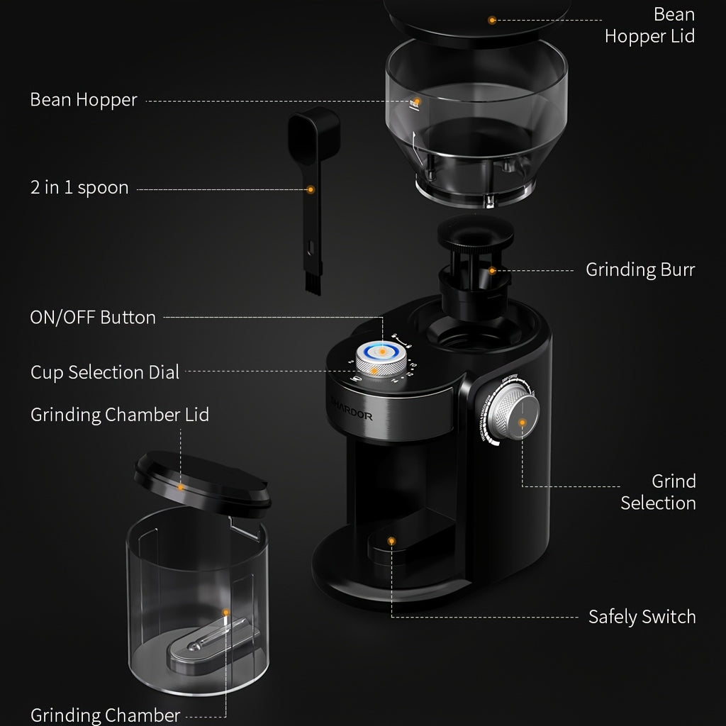 Electric Burr Coffee Grinder with 16 Grind Settings, Adjustable Coffee Bean Grinding for 2–14 Cups in Black or Silvery for Home Brewing Routines