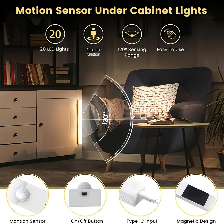 Rechargeable LED Motion Sensor Cabinet Lights, USB Wireless Under Cabinet Lighting, 3 Modes, Magnetic Stick-On Night Light Bar for Kitchen, Closet, Hallway, Stairs, Bedroom, 6/9/12-Pack, 3 Sizes