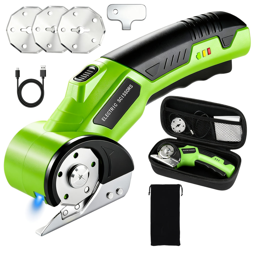 Cordless Electric Scissors in Green with Listed 4V Power, 2000mAh Battery, Three Rotary Blades, Safety Lock and USB Cable for Compatible DIY Cutting