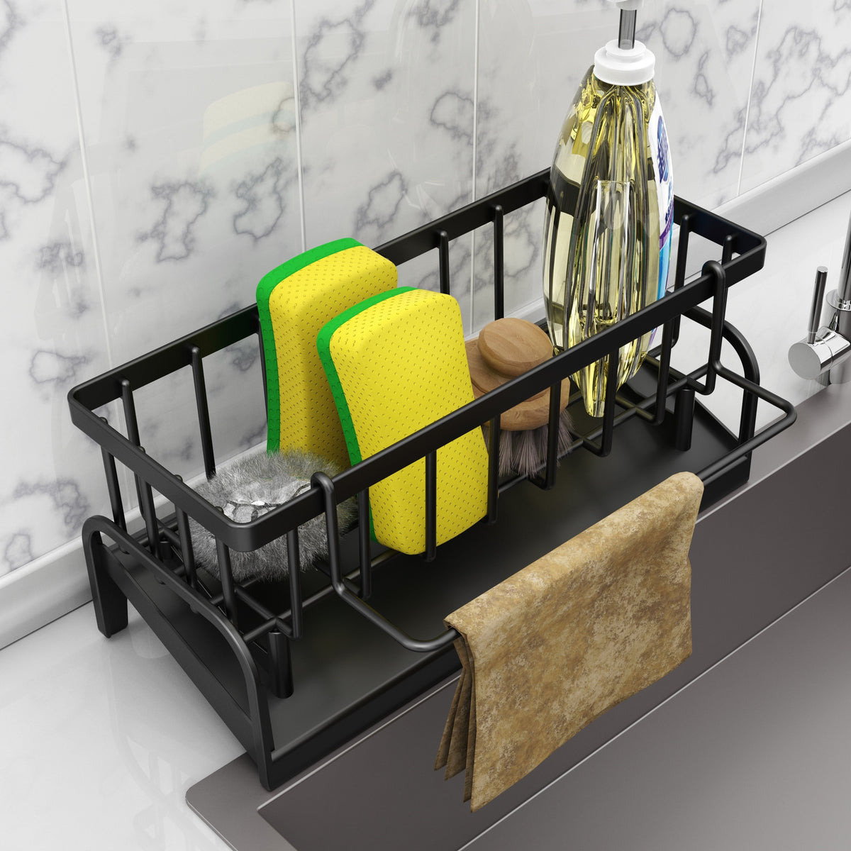 Faucet-Mounted Sponge Holder and Dish Cloth Organizer, PP Plastic Sink Storage Set in Gray or White for Compatible Kitchen and Bathroom Faucet Setups