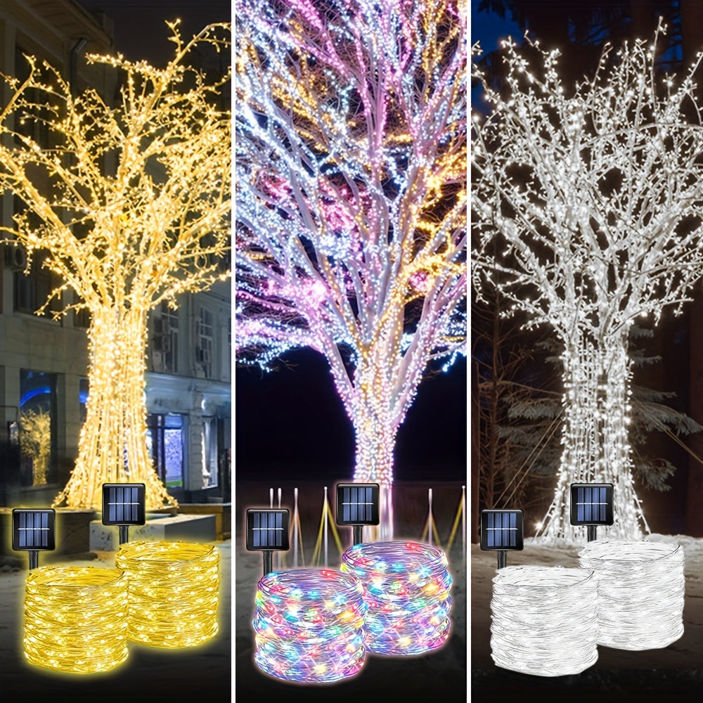 Two-Pack Solar Fairy Lights in Warm White, White or Multicolor, Eight-Mode Wording for Garden, Tree and Holiday Displays with 104Ft 300LED Size Label