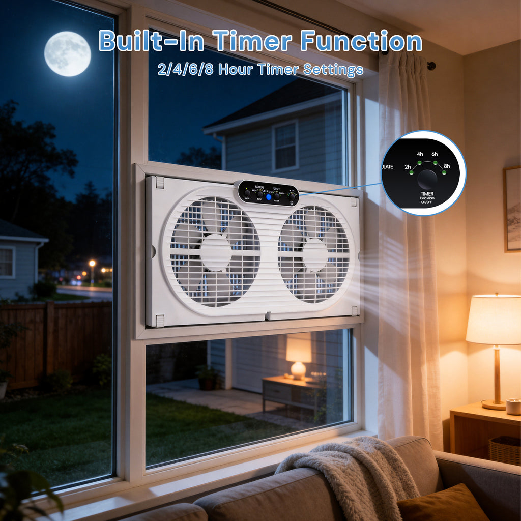 Twin Window Fan with 9-Inch Design, Reversible Airflow and Three Speeds, Listed 23.8-37 Inch Expandable Width with Remote or Timer Options for Home Bedrooms