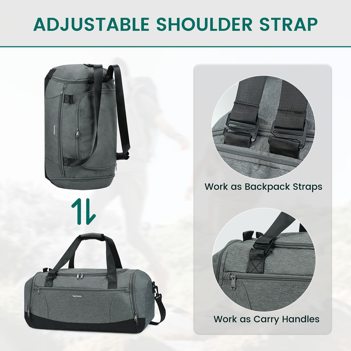 Travel Duffel Bag with Shoe Compartment and Wet Pocket, Adjustable Shoulder Strap and Bottle Holders for Men and Women, Gym and Weekend Trip Carry