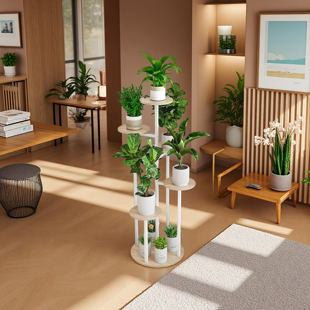 Six-Tier Metal Plant Stand by SUOERNUO with Listed Nine-Pot Display Layout, EVA Base Pads and Black or White Options for Indoor Corner Decor