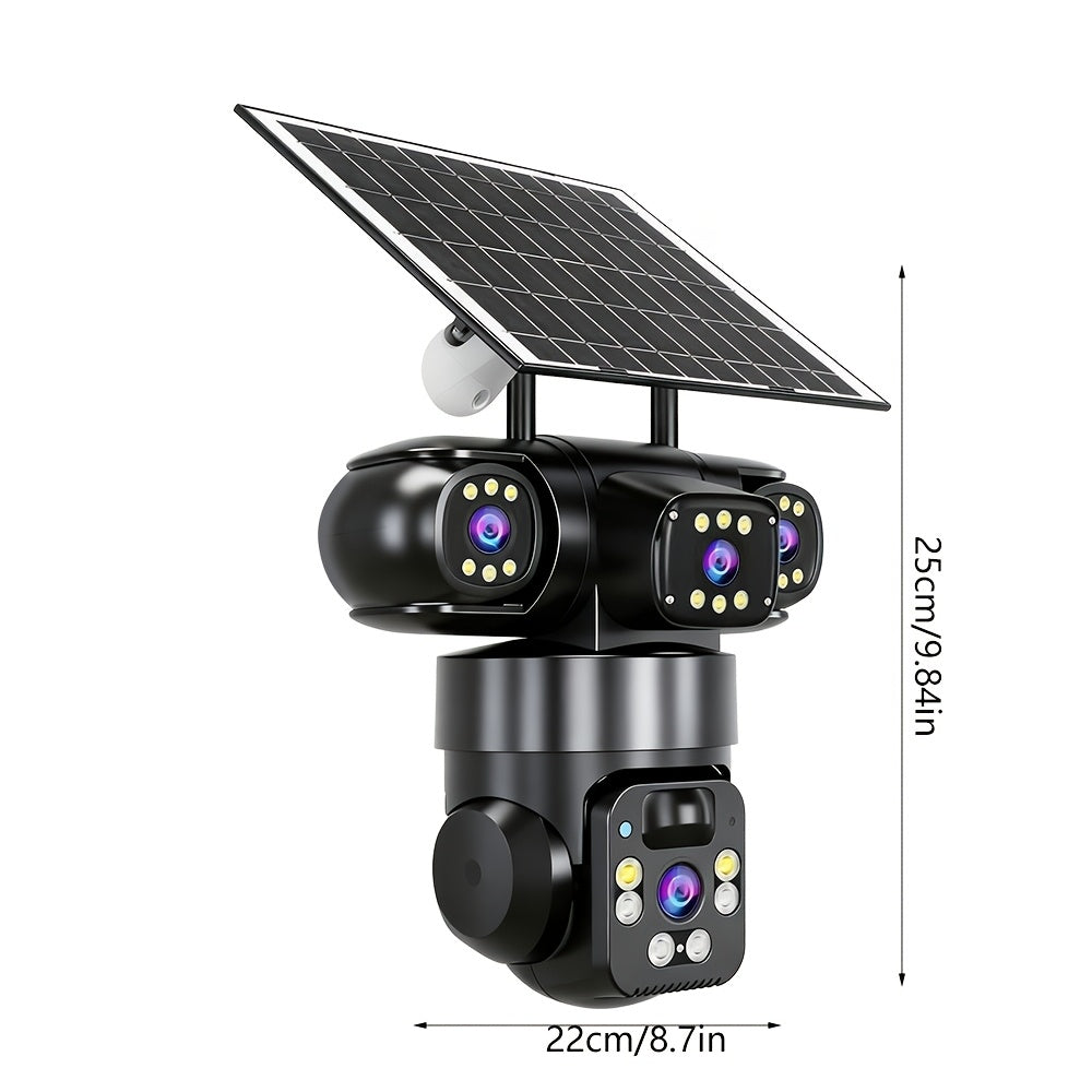 Three-Lens Solar WiFi Security Camera with Listed 355-Degree Pan and 90-Degree Tilt, PIR Alerts, Color Night Vision and Two-Way Audio, Two Package Labels