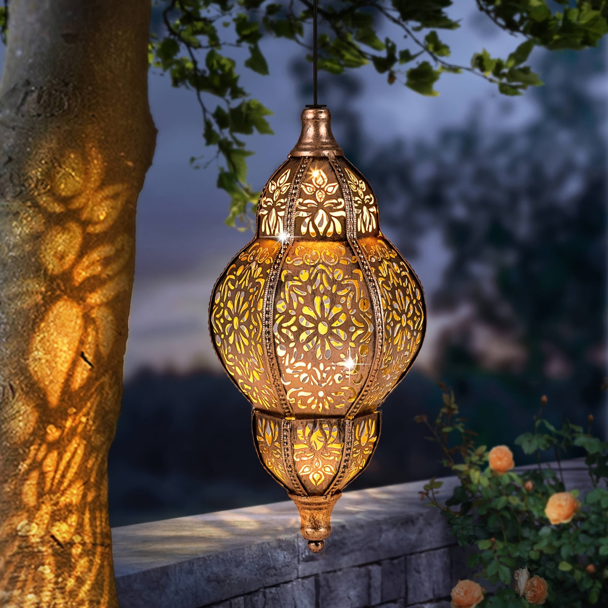 Solar Pendant Lantern in Copper Color with Listed Hollow-Out Iron Design and 27.17-Inch Size Wording for Decorative Patio, Garden, Deck and Porch Displays