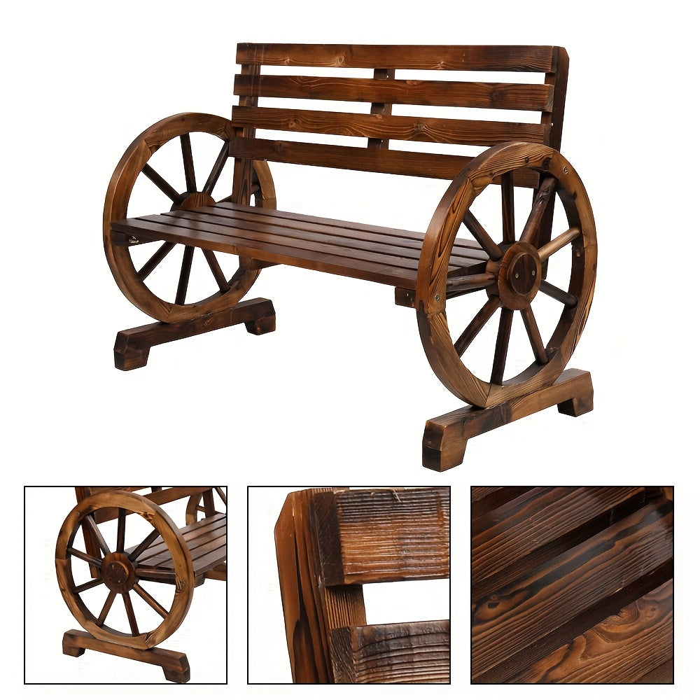 Outdoor Wooden Bench with Wagon Wheel Armrests, Slatted Seat and Backrest, Two-Person Poplar Wood Garden Seating in Light Carbonized Color, White or Black