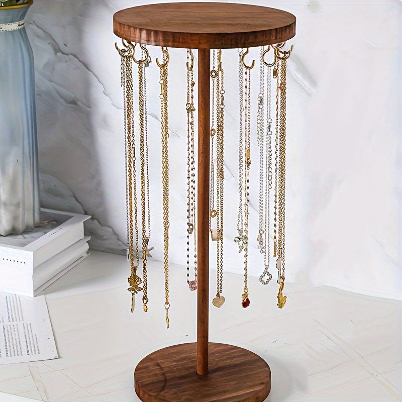 Round Wooden Jewelry Stand with 12-Hook Short or Tall-Leg Options, Vintage-Style Tabletop Necklace, Pendant and Bracelet Organizer for Home Display
