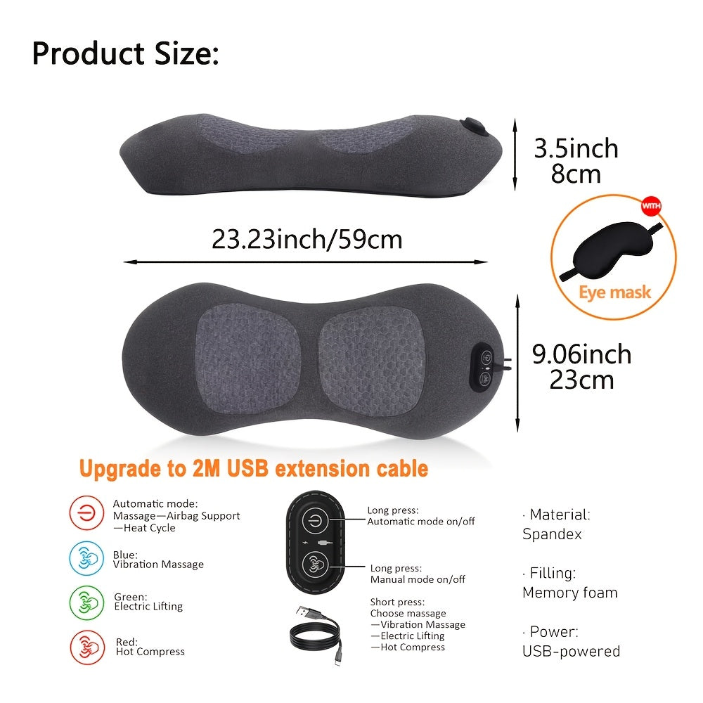 Lower Back Massager with Heat and Vibration, USB-Powered 3-in-1 Lumbar Support Pillow with Listed Traction Function and 2m Cable for Home Relaxation