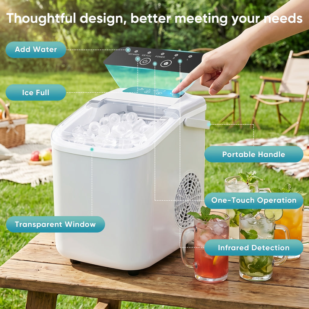 Carry-Handle Ice Maker with Basket and Scoop, Listed 26lb Daily Output and Nine Bullet Cubes in 6–8 Minutes, Black or White 40.58oz-Labeled Options