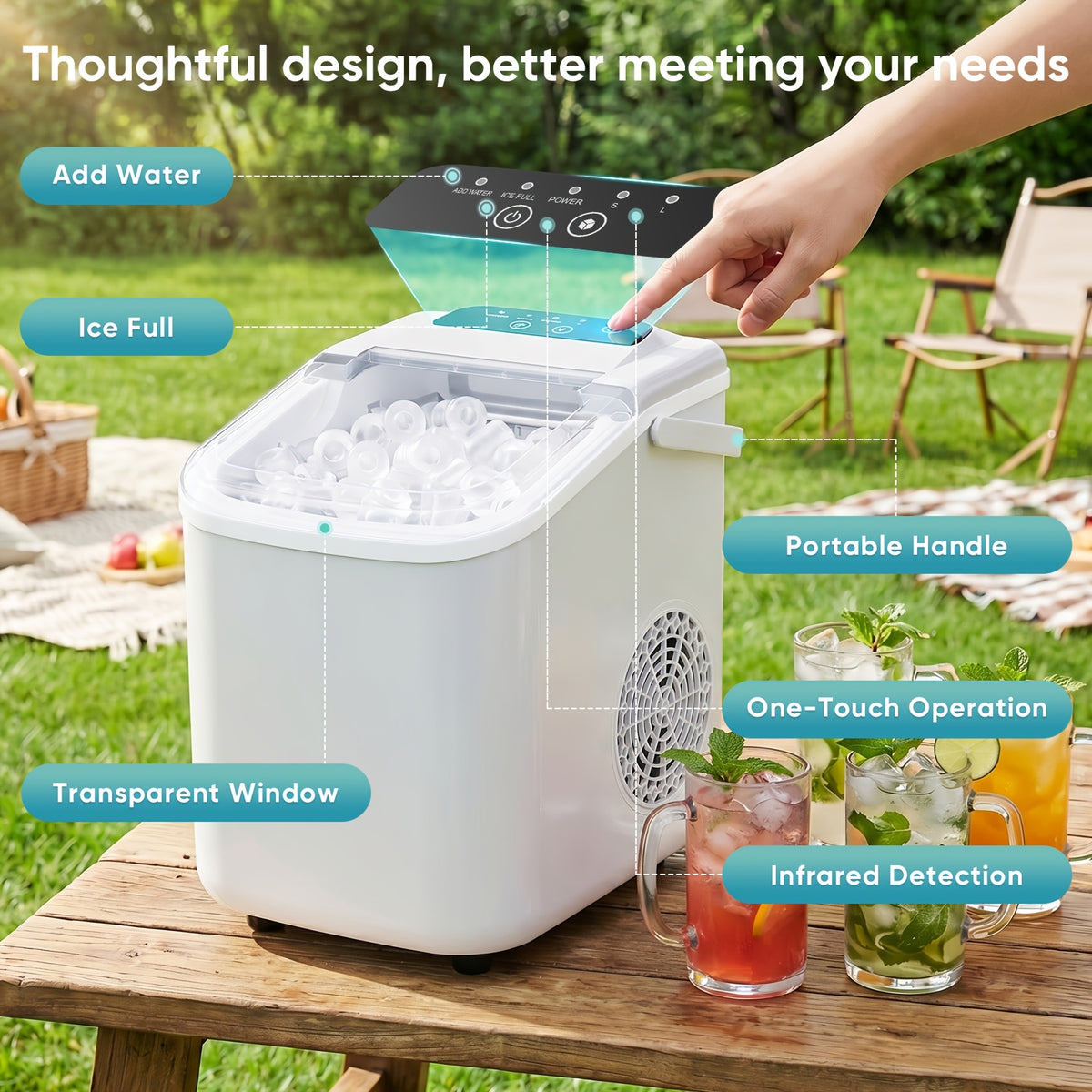 Carry-Handle Ice Maker with Basket and Scoop, Listed 26lb Daily Output and Nine Bullet Cubes in 6–8 Minutes, Black or White 40.58oz-Labeled Options