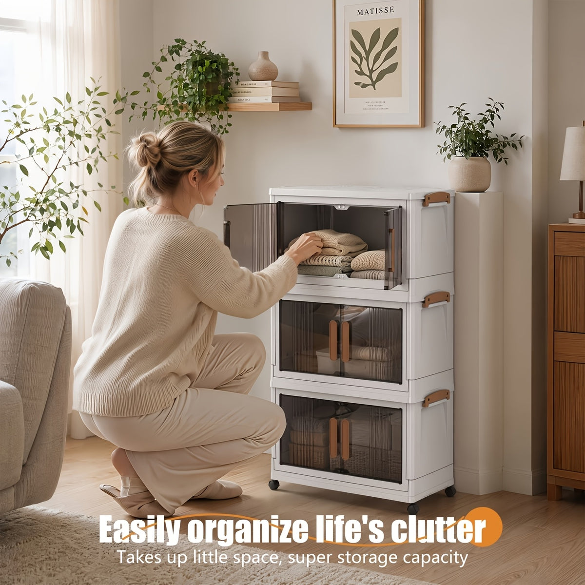 Foldable Plastic Storage Cabinet with Wheels and Transparent Organizer References, White 3pcs, 4pcs or 5pcs Models for Bedroom and Living Room Organization
