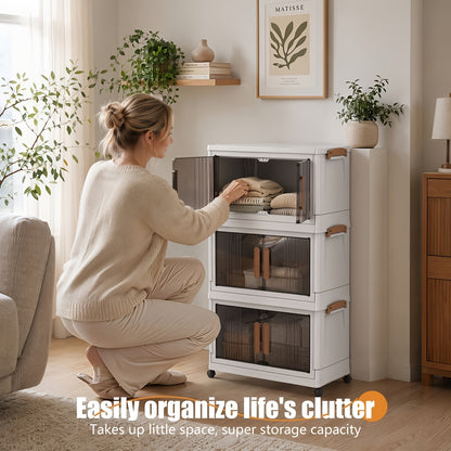 Foldable Plastic Storage Cabinet with Wheels and Transparent Organizer References, White 3pcs, 4pcs or 5pcs Models for Bedroom and Living Room Organization