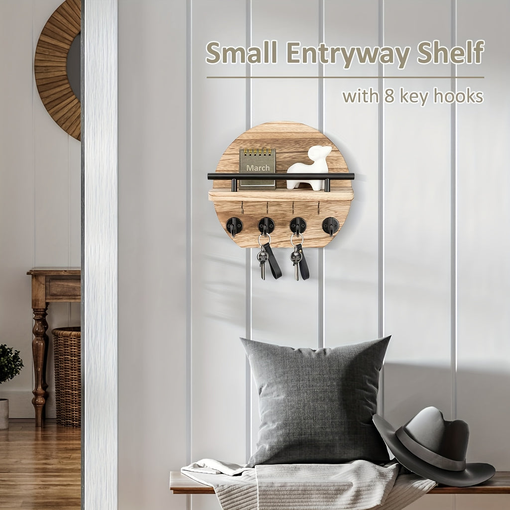 Key Holder with Shelf and Eight Hooks, Round Wooden Wall-Mounted Entryway Organizer in Brown or Natural for Hallway Keys and Everyday Small Accessories