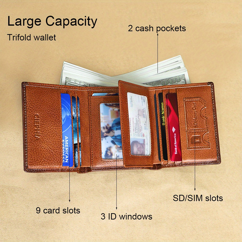 Cowhide Leather Wallet for Men with Listed RFID Blocking Design, Vintage Card and Cash Organizer in Brown, Coffee Brown or Black for Daily Carry and Gift Giving