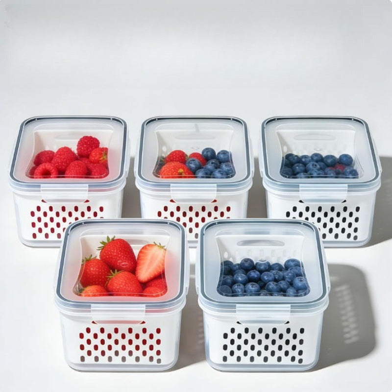 Fruit Storage Boxes with Removable Colanders, M+L Refrigerator Organizer Set in PP Plastic with Two Boxes and Two Drain Baskets, Four Pieces Total