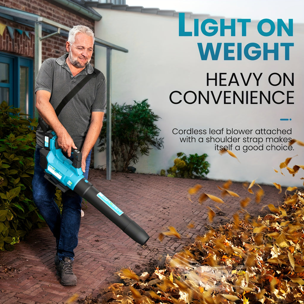 Three-Speed Cordless Leaf Blower with Extension Nozzle and Shoulder Strap References, Blue, Green, Yellow or 420CFM One-Battery Labels for Outdoor Yard Cleanup